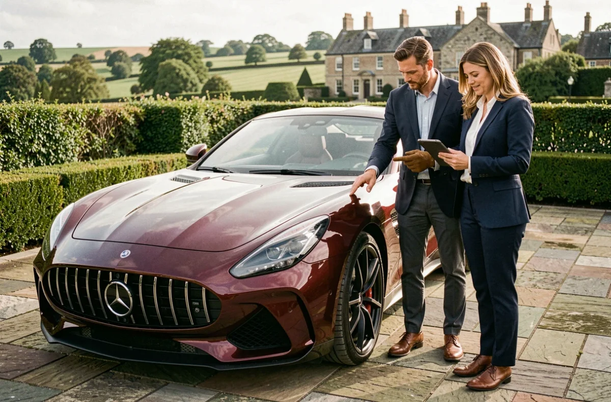 Deux spécialistes en véhicules de prestige inspectant une voiture de luxe dans un cadre de club automobile privé en extérieur