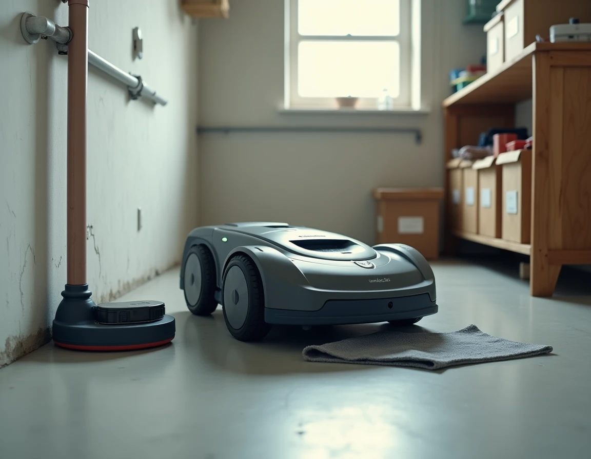 Robot tondeuse avec batterie lithium retirée posé dans une buanderie pour stockage hivernal