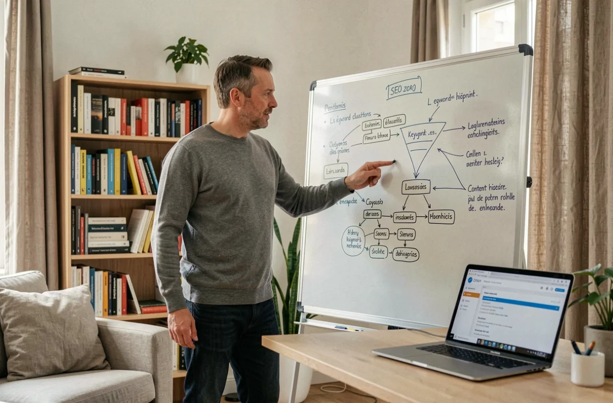 Un consultant SEO français élabore une stratégie de référencement naturel sur un tableau blanc dans un bureau à domicile