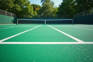 Terrain de tennis extérieur avec revêtement acrylique vert et marquages blancs neufs, entouré d'une clôture grillagée et d'arbres