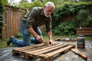 Homme appliquant un traitement imperméabilisant sur une palette en bois dans un jardin extérieur
