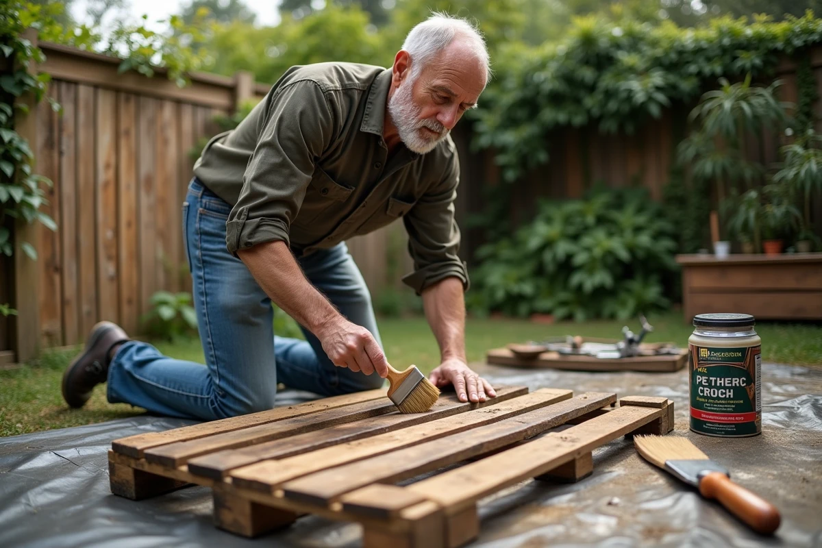 Homme appliquant un traitement imperméabilisant sur une palette en bois dans un jardin extérieur