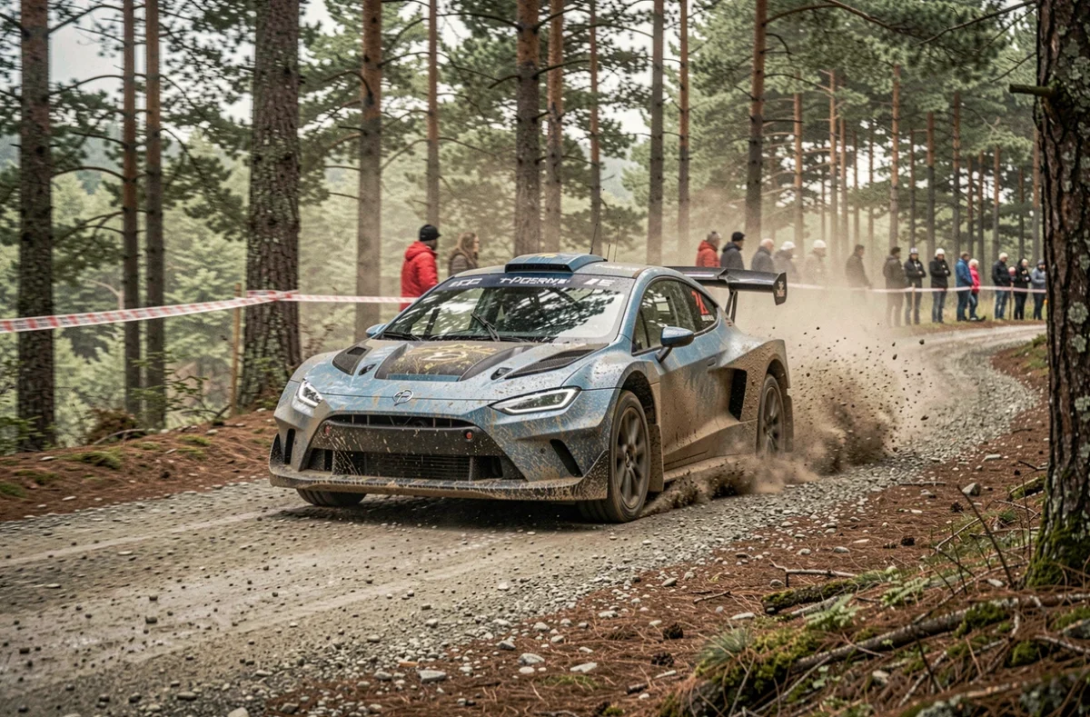 Voiture de rallye électrique haute performance en dérapage sur une spéciale en gravier forestier lors d'une épreuve de rallye moderne