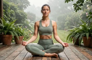 Femme pratiquant le yoga matinal sur une terrasse en bois entourée de verdure pour améliorer son bien-être quotidien